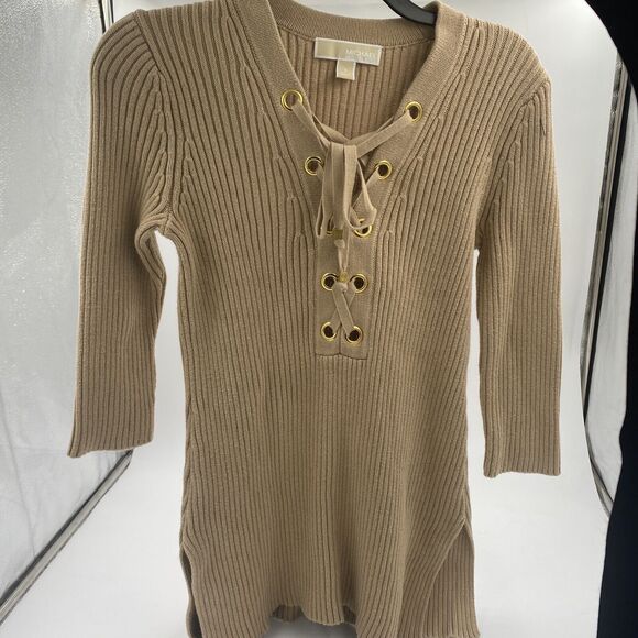 Michael Kors ribbed sweater/tunic, lace up closure, brown, size S - Picture 1 of 4